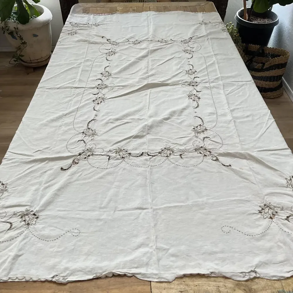 Vintage Floral Embroidery Tan Linen Tablecloth Scalloped Edges 73 x 54